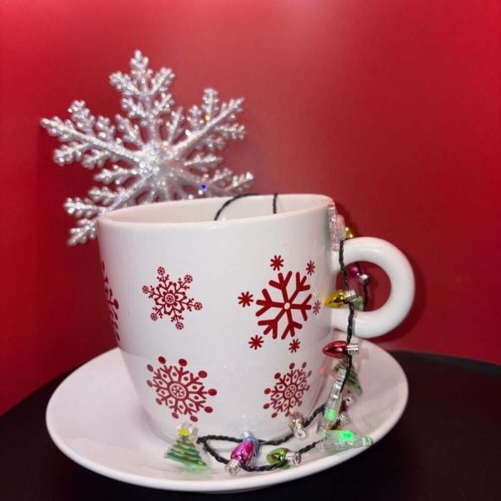 Festive Snowflake Mug with Saucer - Red and White